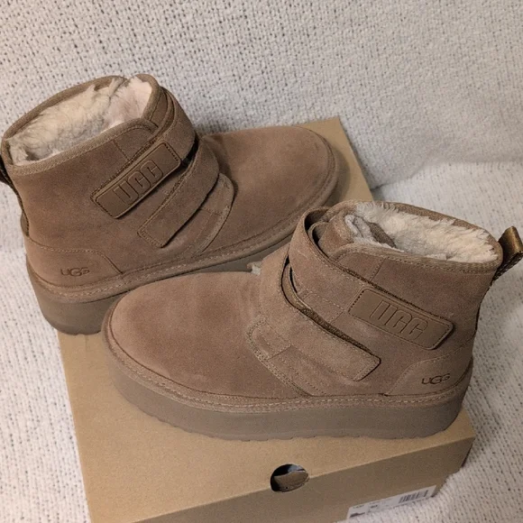 UGG Women's Tan Suede Platform Boots with Straps - Picture 2 of 10